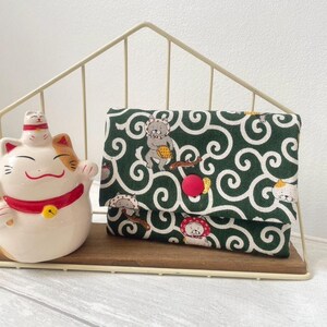 Funny Cats in Green color traditional Japanese print Cotton Linen Handmade Children Wallet // Gift for kids