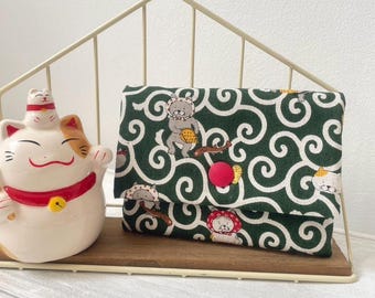 Funny Cats in Green color traditional Japanese print Cotton Linen Handmade Children Wallet // Gift for kids