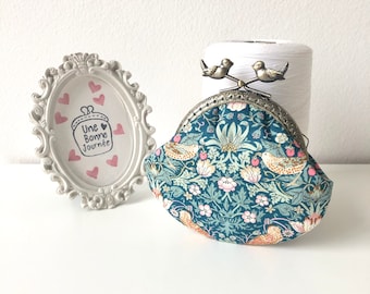 Liberty London Teal Green Strawberry Thief Vintage Kiss Lock Coin Purse • Retro Bronze Love Birds Clasp Pouch