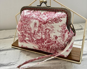 Red on Gray Toile de Jouy Vintage Frame Wallet • Handmade Retro Kiss Lock Wristlet Purse