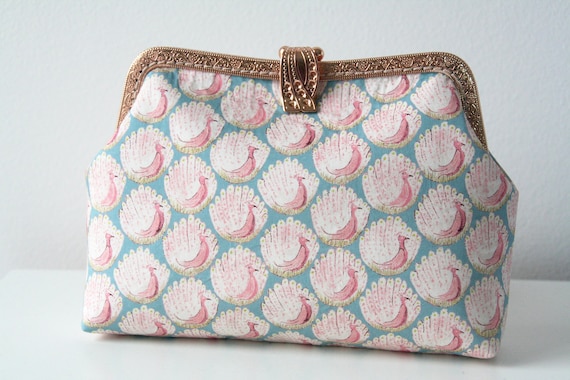 Liberty of London Turquoise Peacocks of Grantham Hall Handstitched Vintage Frame Purse Frame Makeup Pouch Gift for her