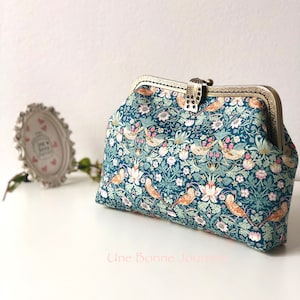 Liberty of London Teal colorway Strawberry Thief Handstitched Vintage Metal Frame Coin Purse//Love Birds Purse//Gift for her
