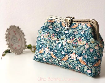 Liberty of London Teal colorway Strawberry Thief Handstitched Vintage Metal Frame Coin Purse//Love Birds Purse//Gift for her