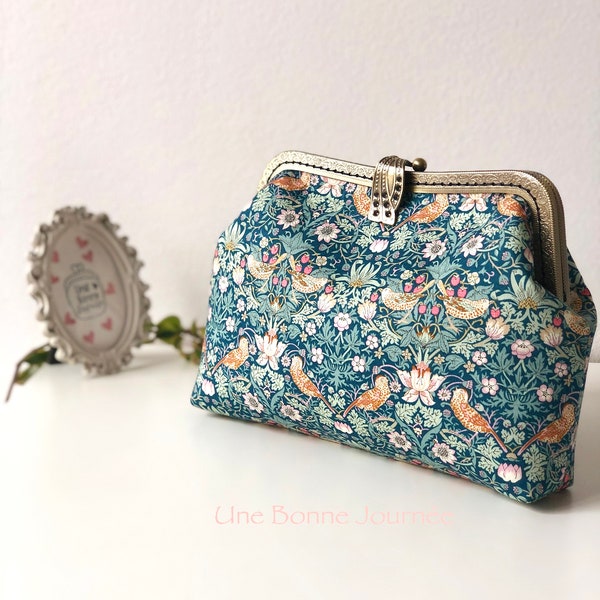 Liberty of London Teal colorway Strawberry Thief Handstitched Vintage Metal Frame Coin Purse//Love Birds Purse//Gift for her