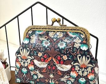 Liberty of London Strawberry Thief Brown and Orange Vintage Frame Coin Purse//Vintage Style wallet//Liberty of Japan Laminated Tana Lawn