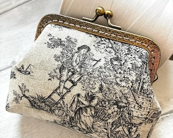 Gray on Gray Toile de Jouy Vintage Frame Wallet Purse//Shabby Cottage Style wallet//Gift for her//Toile de Jouy