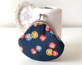 Lucky Daruma Japanese Fabrics Hand Stitched Vintage Metal Frame Coin Purse // Gift for her
