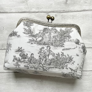 Gray Toile de Jouy French Print Frame Clutch Handbag//Gift for her