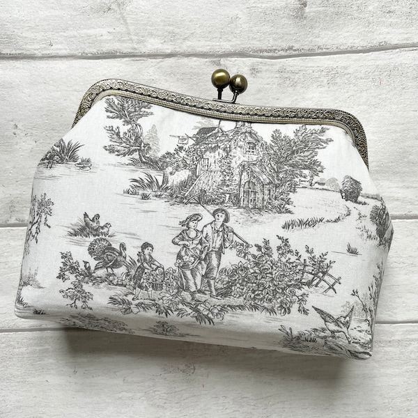 Gray Toile de Jouy French Print Frame Clutch Handbag//Gift for her