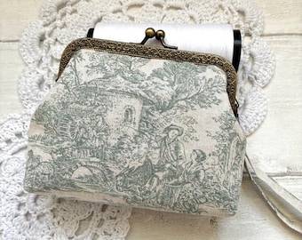 Green on Gray Toile de Jouy Vintage Frame Wallet Purse/Make up Pouch/Shabby Chic Cottage Style wallet/Gift for her/Toile de Jouy Handy Pouch