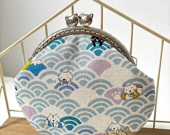 Funny Swimming Cats in SeiGaiHa waves Cotton Linen Handstitched Vintage Metal Frame Coin Purse//Cat Lover Purse//Gift for her//Cat Wallet