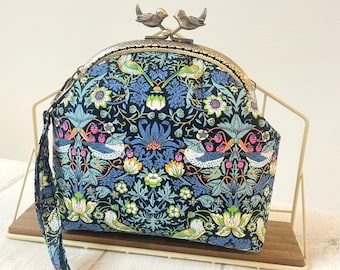 Liberty of London Blue Black Strawberry Thief Metal Frame Purse//Makeup Pouch//Frame Wallet//Wristlet Purse/Gift for her/12.5cm frame