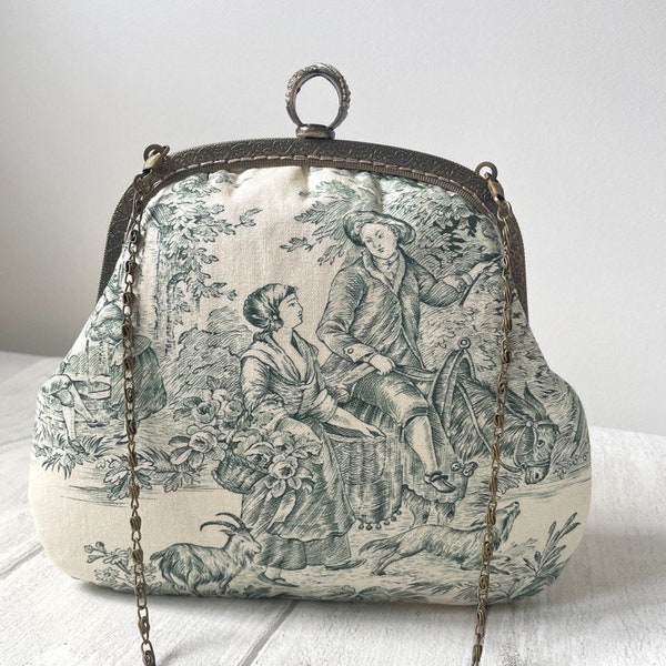 Pochette Sac à Main Pastorale de Toile de Jouy Vert//Tissu Toile//Pochette Soirée//Cadeau Pour Elle