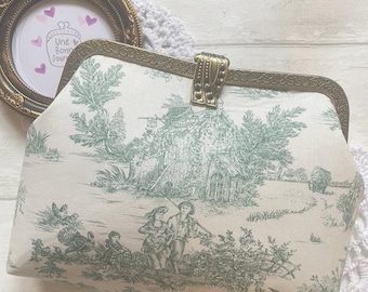 Green Toile de Jouy French Print Frame Clutch Handbag//Handmade purse//Vintage Style//Jouy Print//Shabby Chic