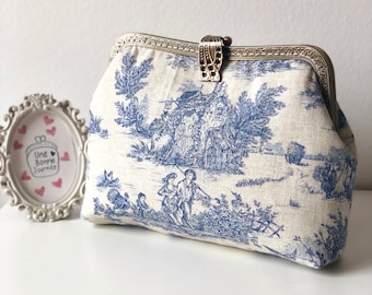 Blue Toile de Jouy French Print Frame Clutch Handbag