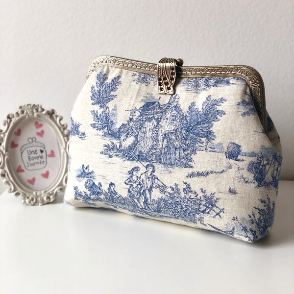 Pochette Sac à Main Pastorale de Toile de Jouy Bleu//Tissu Toile//Pochette Soirée//Cadeau Pour Elle