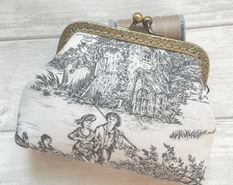 Gray color Toile de Jouy Vintage Frame Wallet Purse//Shabby Cottage Style wallet//Gift for her//Gray Toile de Jouy