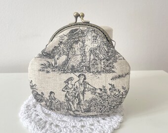 Reserved-Gray colorway Toile de Jouy Vintage Frame Coin Purse//Shabby Cottage Style wallet//Gift for her