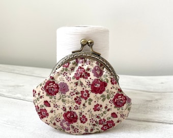 Liberty of London Felicite Bordeaux Red Roses Oil cloth Handstitched Vintage Metal Frame Coin Purse //Gift for her