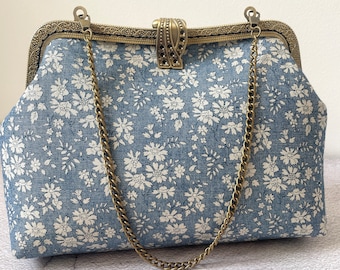 Liberty of London Capel Denim Blue Elegant Hand Stitched Frame Clutch//Frame Purse Handbag//Evening Bag