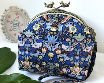 Liberty of London Tana Lawn Strawberry Thief Vintage Frame Purse • Retro Style Kiss Lock Bird Clasp Pouch