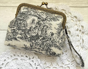 Gray on Gray Toile de Jouy Vintage Frame Wallet Purse/Make up Pouch/Shabby Chic Cottage Style wallet/Gift for her/Toile de Jouy Handy Pouch