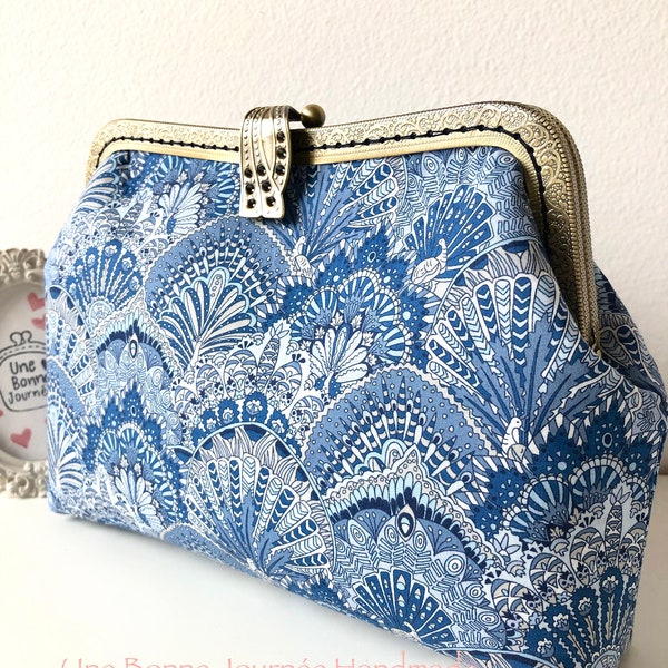 Liberty of London Blue Peacock Parade Hand stitched Metal Frame Purse // Evening Clutch // Chain Handbag // Gift for her