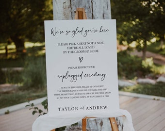 Personalised Fully Printed or Digital Wedding Sign - Combined Welcome - Pick a seat, not a side & Unplugged Ceremony