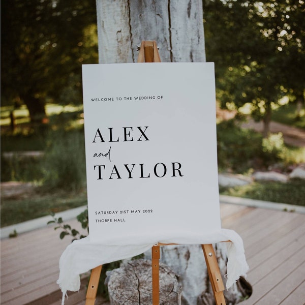 Alex - Printed or Digital Portrait White with black text, Wedding Welcome Sign A1 A2 A3 - unframed FREE standard POSTAGE