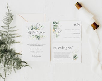 Classic Modern Botanical, Greenery, leafy, Wedding Invitation set 'Sophia'