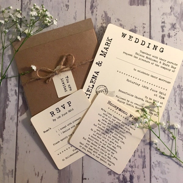 Vintage/Rustic Pocket 'Helena' pocket wedding invitation with RSVP, honeymoon wish card, twine and tag