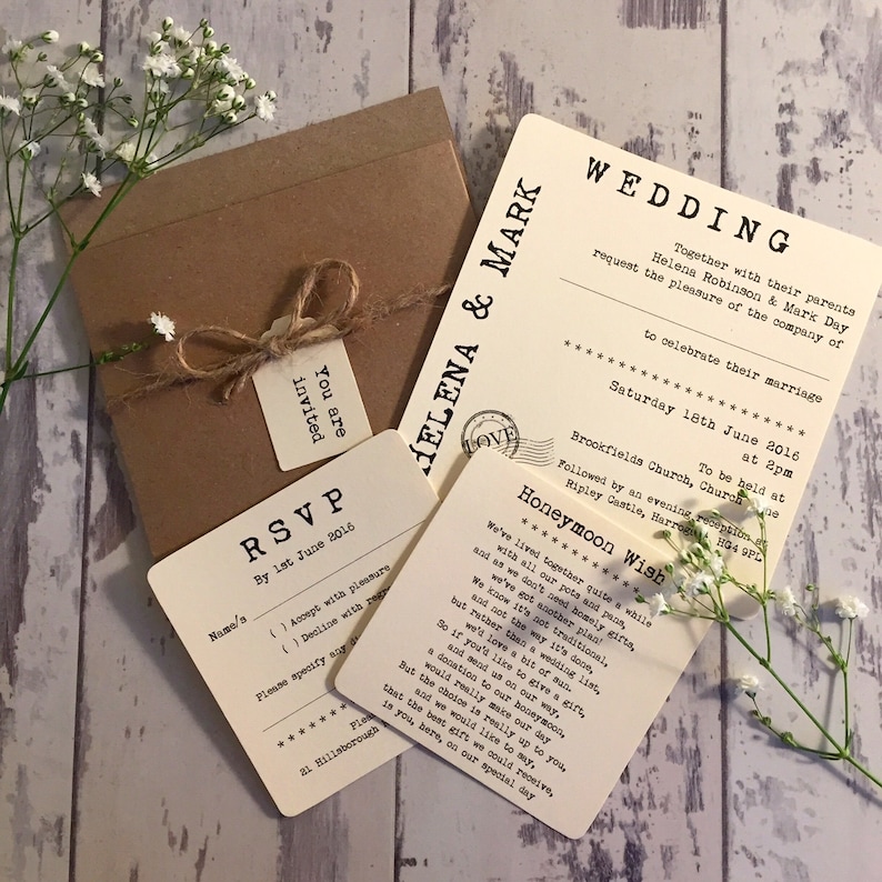 Vintage/Rustic Pocket 'Helena' pocket wedding invitation with RSVP, honeymoon wish card, twine and tag image 1