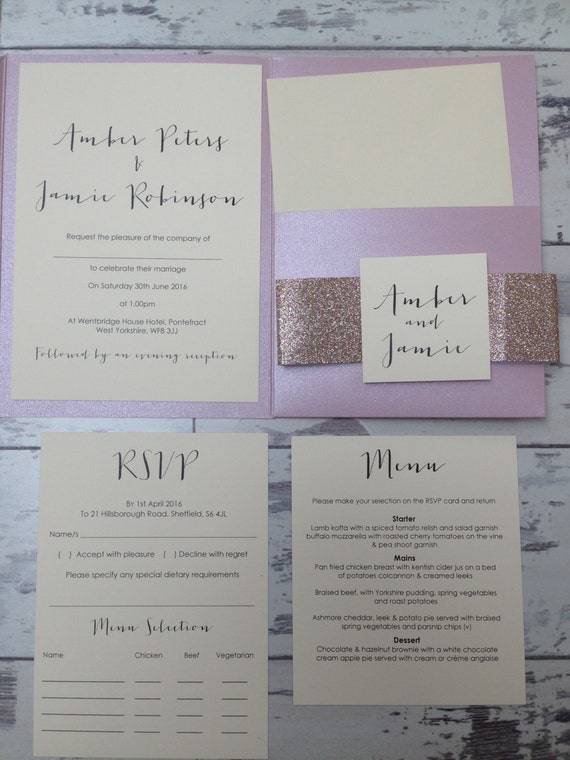 1 Navy pocket wedding invitation/RSVP/menu 'Amber' sample with gold glitter wrap 1 Navy pocket wedding invitation/RSVP/menu 'Amber' sample with gold glitter wrap