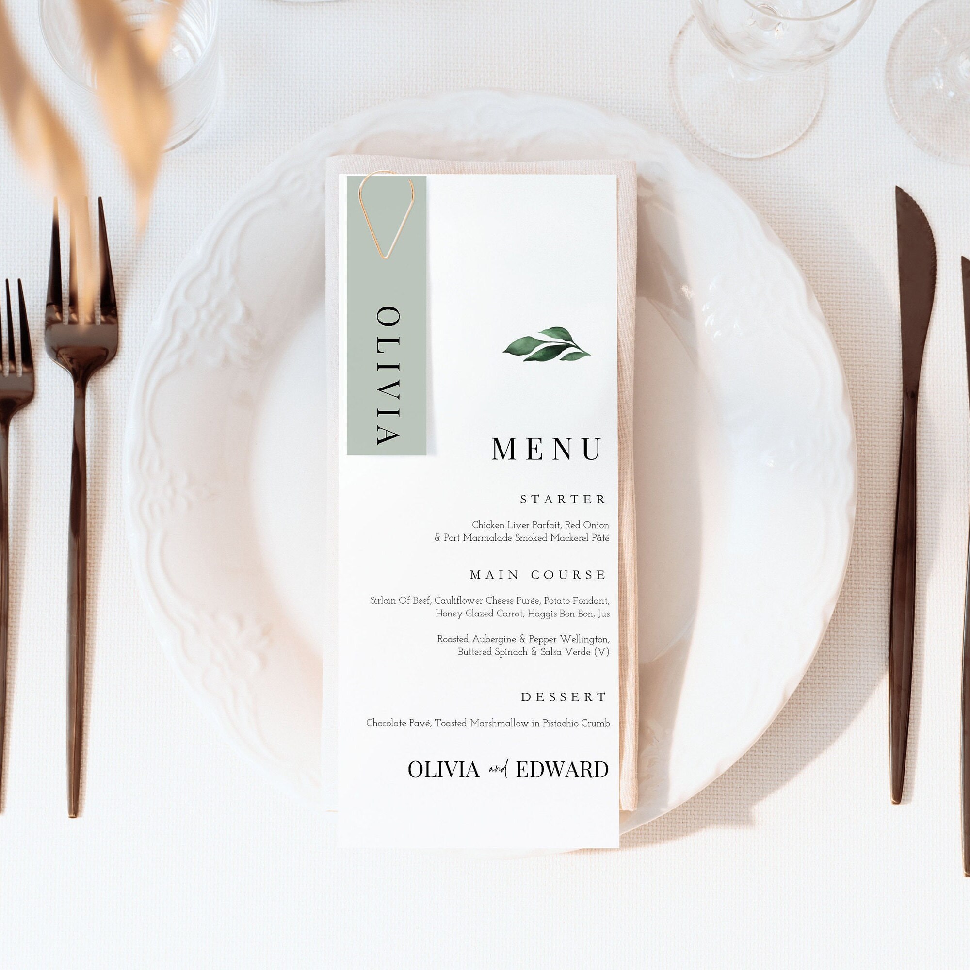 20 + Personalised Menus With Place Name Tag and Gold Teardrop Paperclip ...