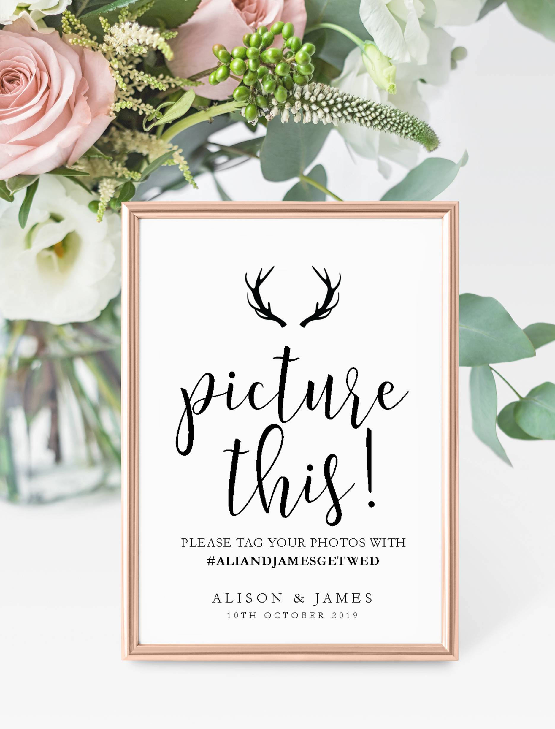 some personalised White UNFRAMED  Antlers Range Wedding/Party Signs/Stationery 