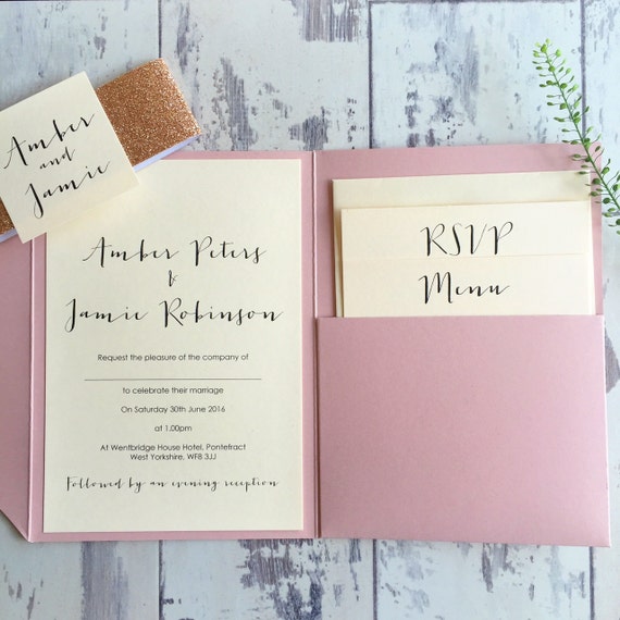 1 Navy pocket wedding invitation/RSVP/menu 'Amber' sample with gold glitter wrap 1 Navy pocket wedding invitation/RSVP/menu 'Amber' sample with gold glitter wrap