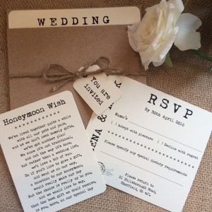 Vintage/Rustic Pocket 'Helena' pocket wedding invitation with RSVP, honeymoon wish card, twine and tag image 5