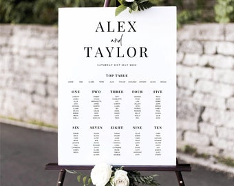 May include: A white wedding seating chart with black text. The chart lists the names of guests assigned to each table, numbered one through ten. The chart is titled "Alex and Taylor" with the date "Saturday 21st May 2022".