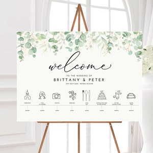 Printed Personalised Botanical Wedding Welcome Sign/Order of the Day with icons