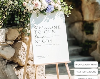 Welcome to Our Love Story Wedding Sign | Personalised Names & Date | A1/A2/A3/A4 | 3mm Foamex Board or Poster | Minimal Black and White