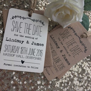 12 x Vintage/Rustic 'Lindsay' Wedding Save the Date tags & twine with envelopes image 1