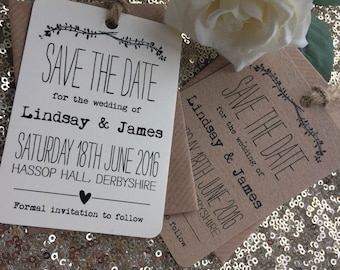 12 x Vintage/Rustic 'Lindsay' Wedding Save the Date tags & twine with envelopes
