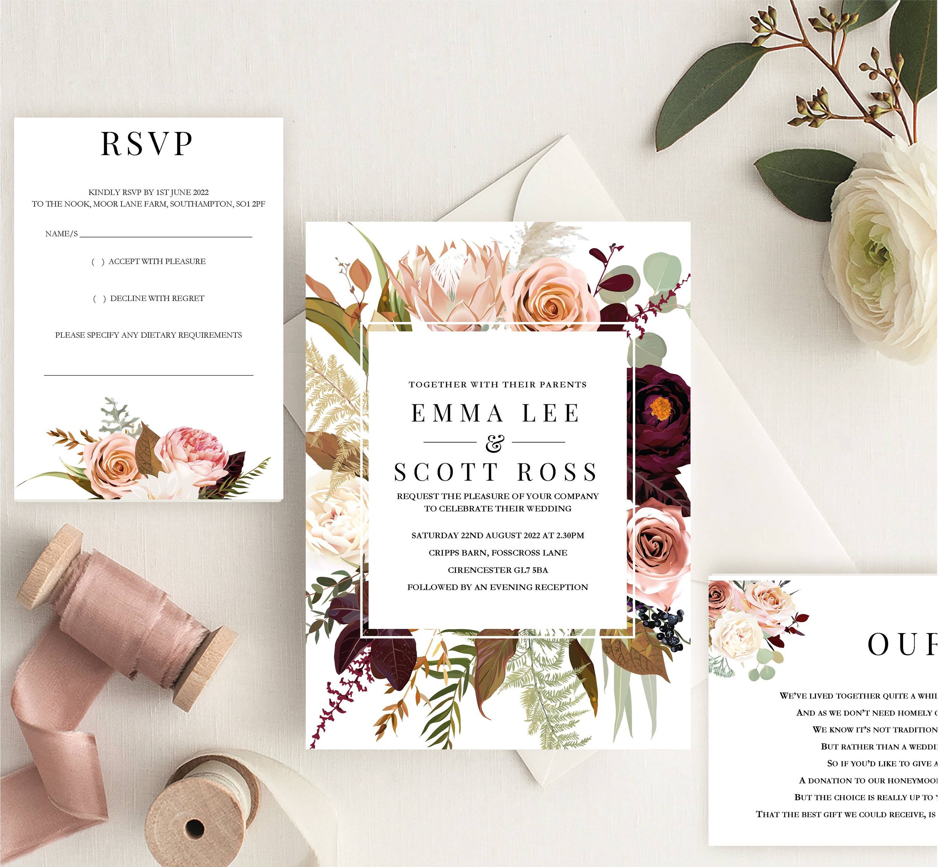 Modern Rustic Autumnal Floral Wedding Invitation Suite - Etsy