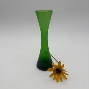 Glass bud vase, green glass accent piece, 1960s home decor, midcentury modern