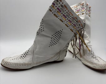 White Leather Native American Vintage Booties, Boots --  Fringed Navajo Women's, Girl Footwear Size 5