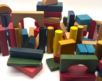 Vintage Toy Wood Blocks, Primary Color Set of 66