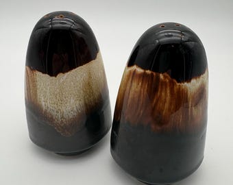 Vintage Salt and Pepper Shakers -- Rustic Drip Glaze Pottery -- Farmhouse Kitchen Stoneware