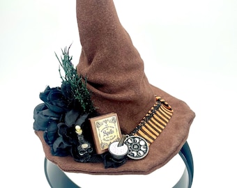 Hand Sewn Mini Witch Hat Headband, Halloween Accessory, Spells Book Charm