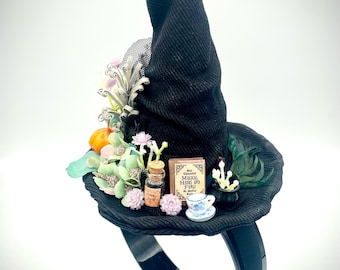 Hand Sewn Mini Witch Hat, Witch Fascinator on Headband, Halloween Headband