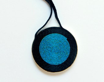 Blue and black textile necklace. Long necklace